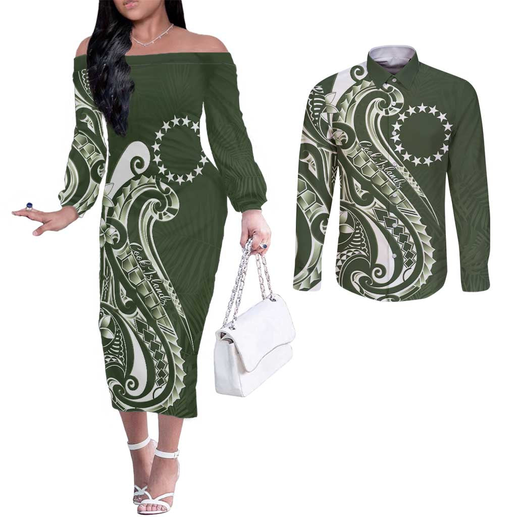 Kia Orana Cook Islands Couples Matching Off The Shoulder Long Sleeve Dress and Long Sleeve Button Shirt Matie Plumeria Tropical Waves - Polynesian Pride