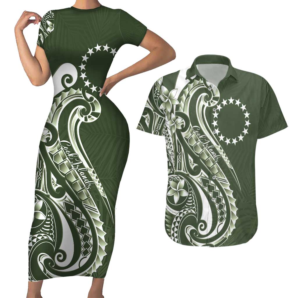Kia Orana Cook Islands Couples Matching Short Sleeve Bodycon Dress and Hawaiian Shirt Matie Plumeria Tropical Waves - Polynesian Pride