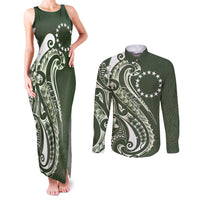 Kia Orana Cook Islands Couples Matching Tank Maxi Dress and Long Sleeve Button Shirt Matie Plumeria Tropical Waves - Polynesian Pride