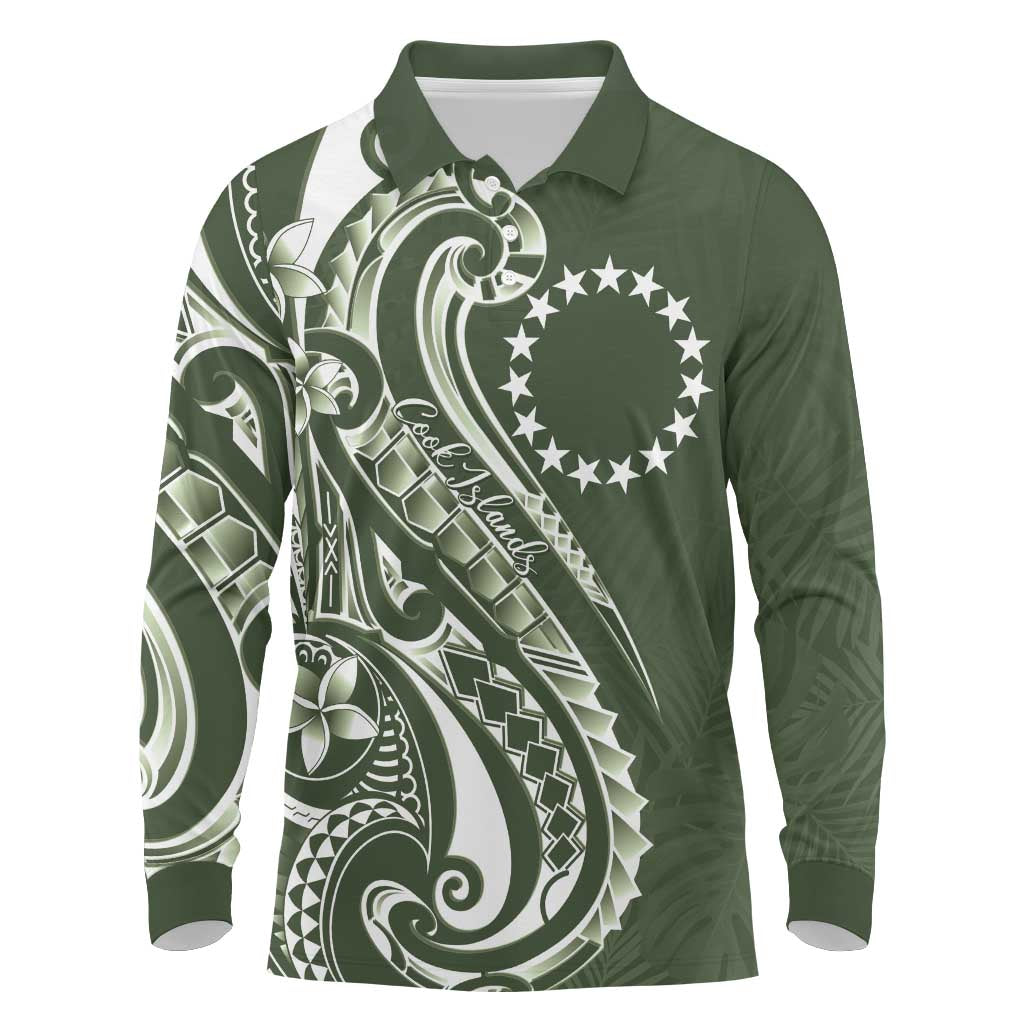 Kia Orana Cook Islands Long Sleeve Polo Shirt Matie Plumeria Tropical Waves - Polynesian Pride