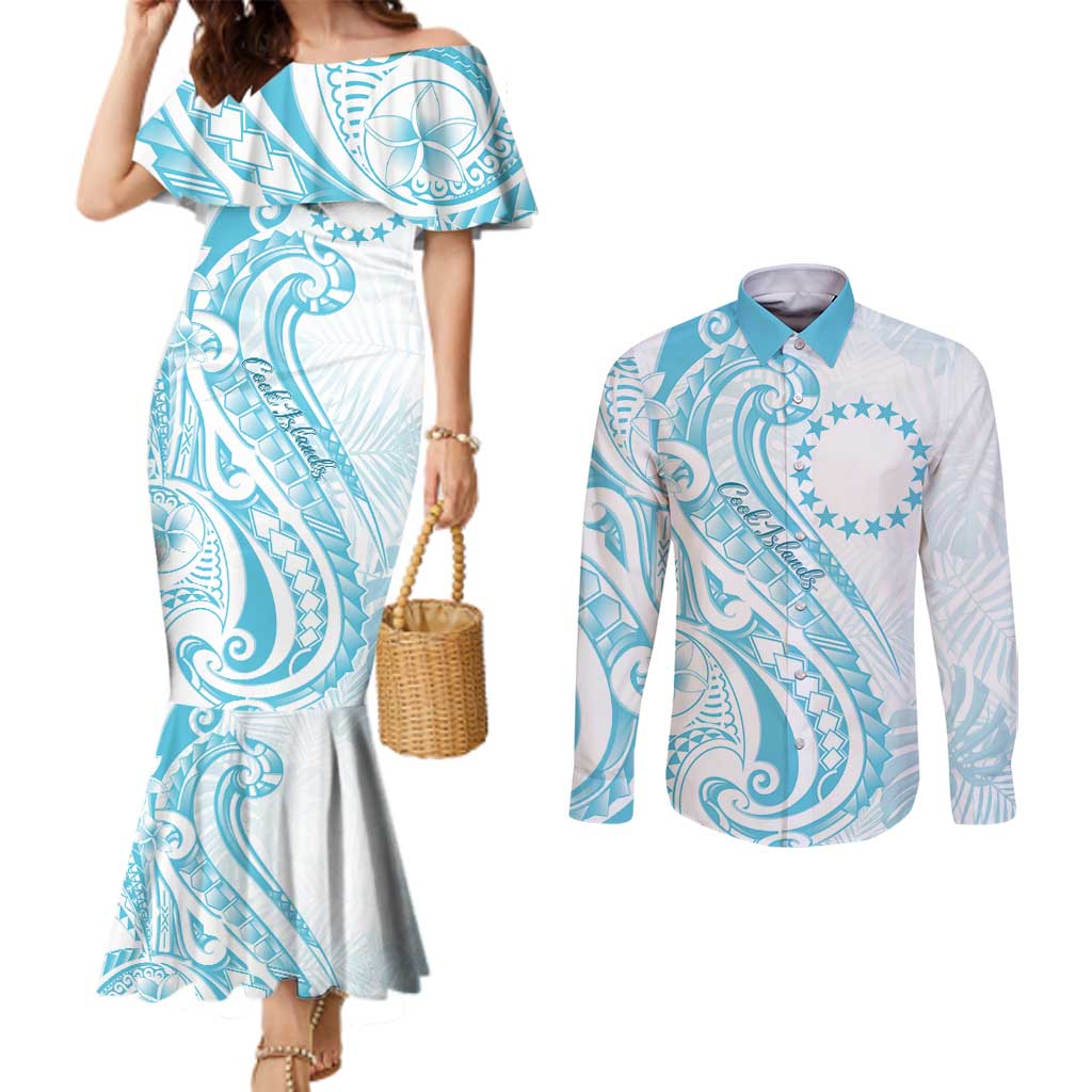 Kia Orana Cook Islands Couples Matching Mermaid Dress and Long Sleeve Button Shirt Moana Plumeria Tropical Waves - Polynesian Pride