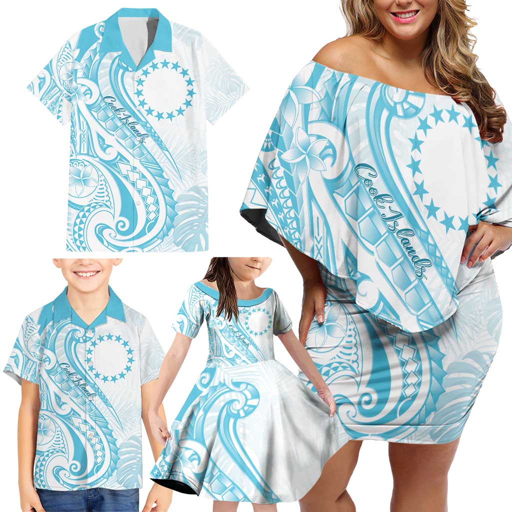Kia Orana Cook Islands Family Matching Off Shoulder Short Dress and Hawaiian Shirt Moana Plumeria Tropical Waves - Polynesian Pride