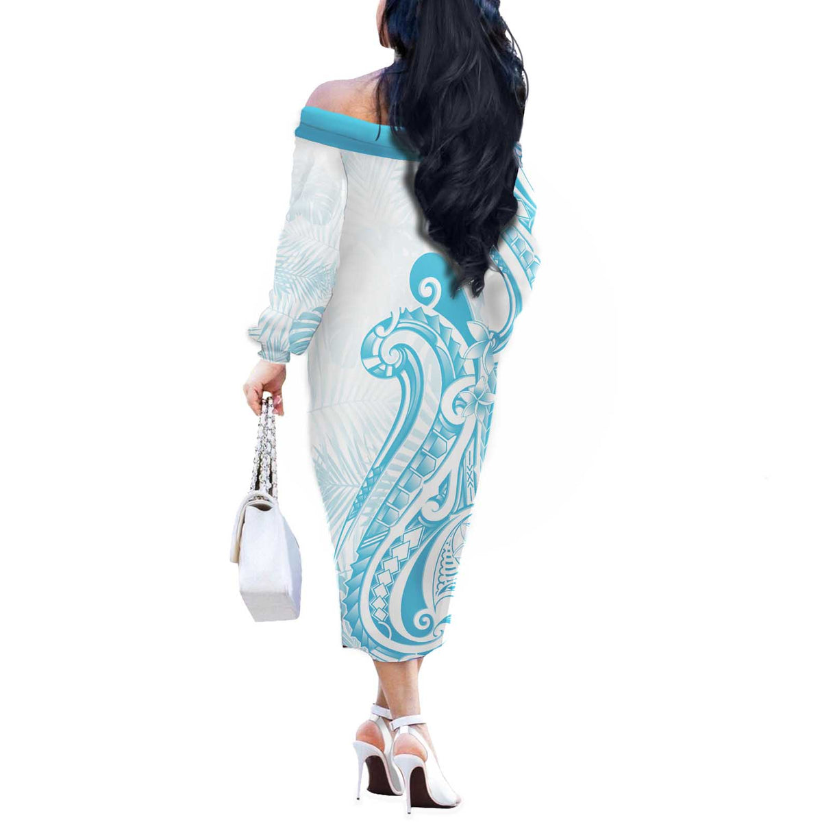Kia Orana Cook Islands Off The Shoulder Long Sleeve Dress Moana Plumeria Tropical Waves - Polynesian Pride
