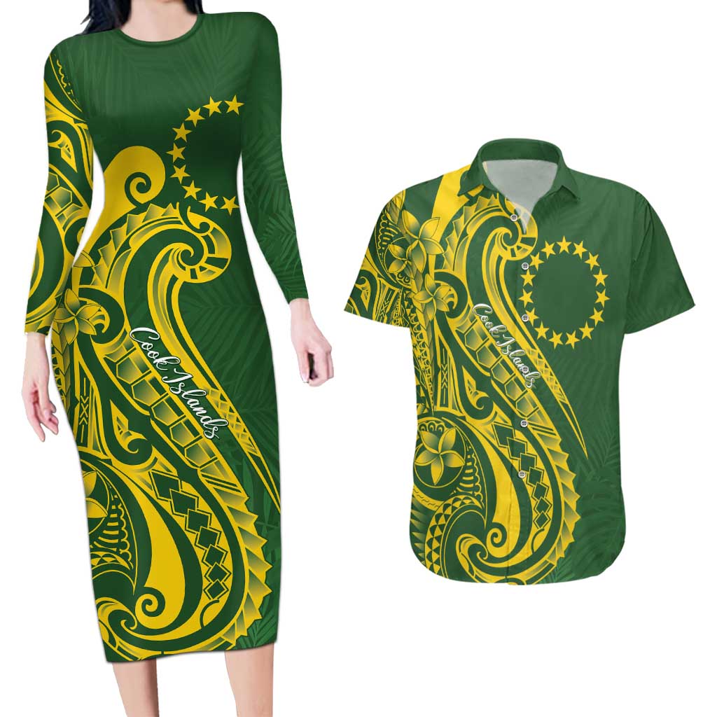 Kia Orana Cook Islands Couples Matching Long Sleeve Bodycon Dress and Hawaiian Shirt Plumeria Tropical Waves - Polynesian Pride
