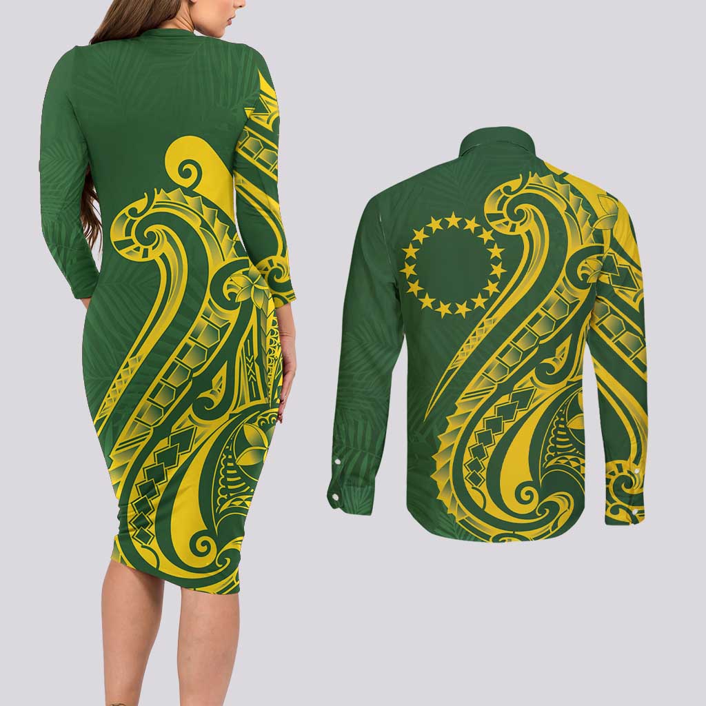 Kia Orana Cook Islands Couples Matching Long Sleeve Bodycon Dress and Long Sleeve Button Shirt Plumeria Tropical Waves - Polynesian Pride