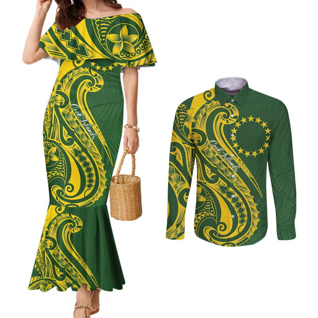 Kia Orana Cook Islands Couples Matching Mermaid Dress and Long Sleeve Button Shirt Plumeria Tropical Waves - Polynesian Pride