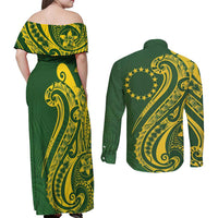 Kia Orana Cook Islands Couples Matching Off Shoulder Maxi Dress and Long Sleeve Button Shirt Plumeria Tropical Waves - Polynesian Pride