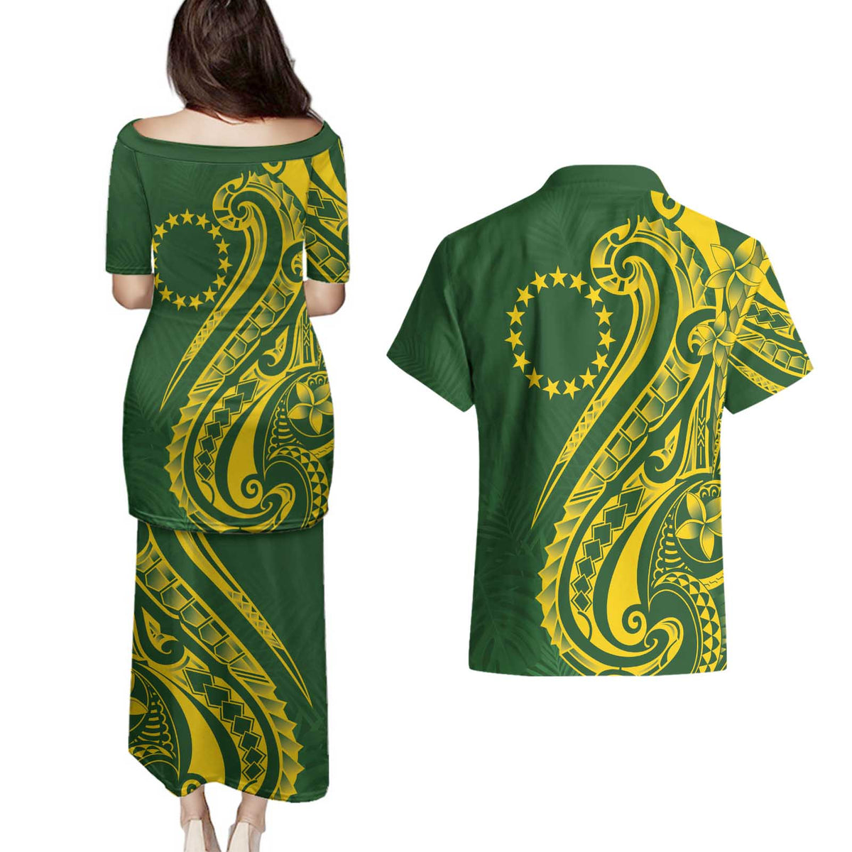 Kia Orana Cook Islands Couples Matching Puletasi and Hawaiian Shirt Plumeria Tropical Waves - Polynesian Pride