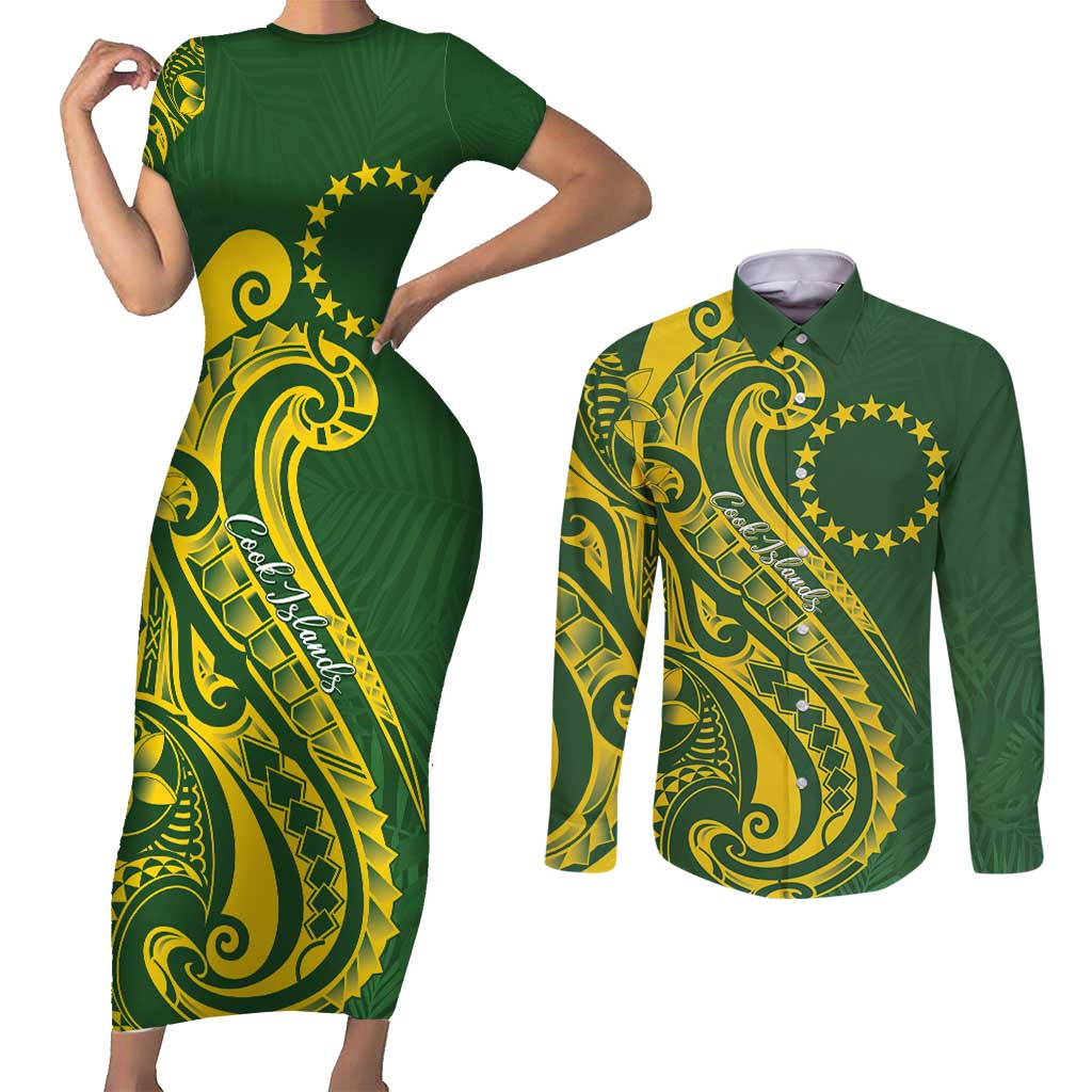 Kia Orana Cook Islands Couples Matching Short Sleeve Bodycon Dress and Long Sleeve Button Shirt Plumeria Tropical Waves - Polynesian Pride