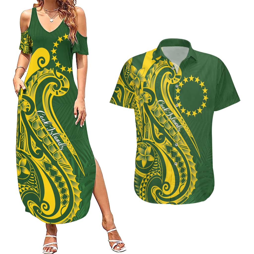 Kia Orana Cook Islands Couples Matching Summer Maxi Dress and Hawaiian Shirt Plumeria Tropical Waves - Polynesian Pride