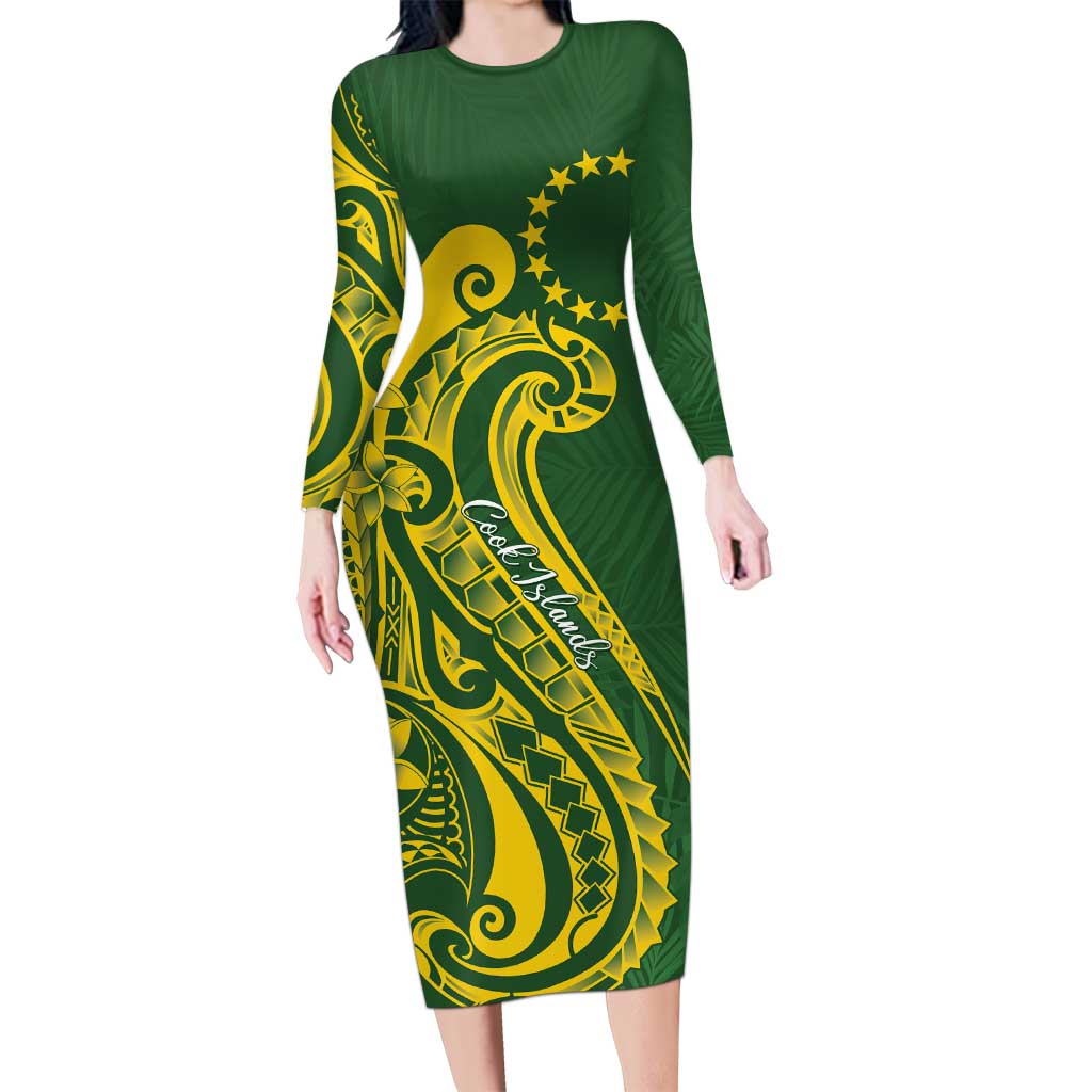 Kia Orana Cook Islands Long Sleeve Bodycon Dress Plumeria Tropical Waves - Polynesian Pride