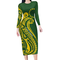 Kia Orana Cook Islands Long Sleeve Bodycon Dress Plumeria Tropical Waves - Polynesian Pride