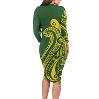 Kia Orana Cook Islands Long Sleeve Bodycon Dress Plumeria Tropical Waves - Polynesian Pride