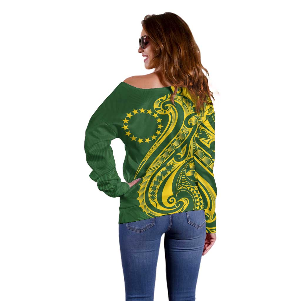 Kia Orana Cook Islands Off Shoulder Sweater Plumeria Tropical Waves - Polynesian Pride
