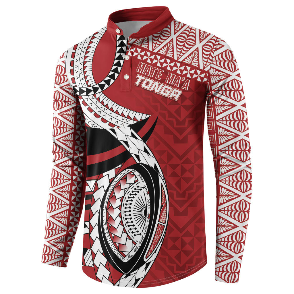 Mate Ma'a Tonga Rugby Custom Kupesi Motifs Button Sweatshirt Red Waves LT7 - Polynesian Pride