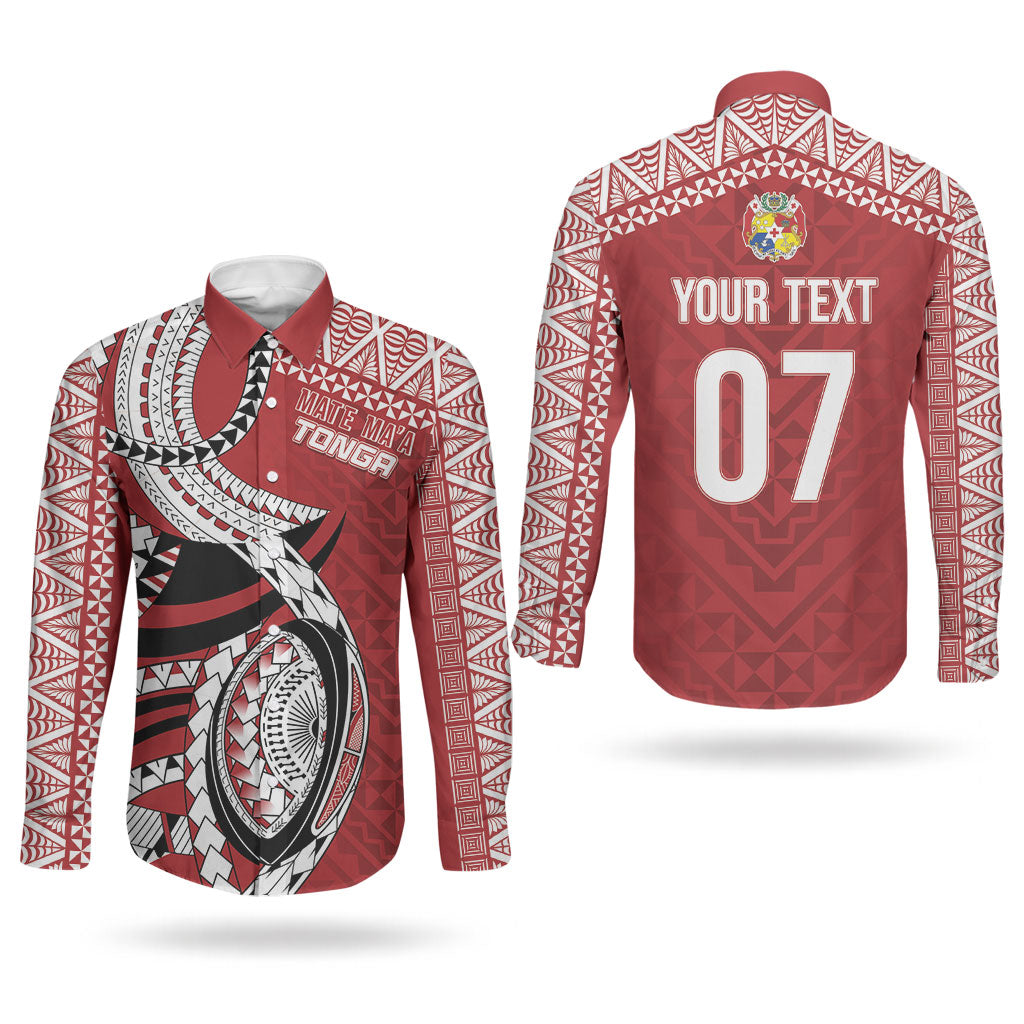 Mate Ma'a Tonga Rugby Custom Kupesi Motifs Couples Matching Long Sleeve Bodycon Dress and Long Sleeve Button Shirt Red Waves LT7 - Polynesian Pride