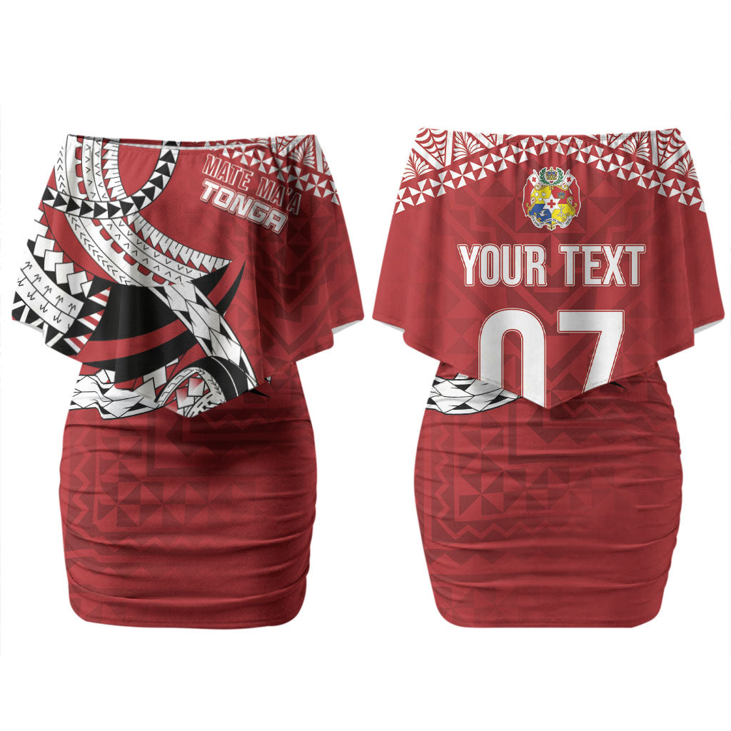 Mate Ma'a Tonga Rugby Custom Kupesi Motifs Couples Matching Off Shoulder Short Dress and Hawaiian Shirt Red Waves LT7 - Polynesian Pride