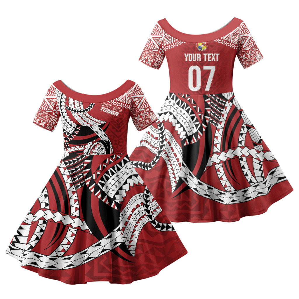 Mate Ma'a Tonga Rugby Custom Kupesi Motifs Family Matching Mermaid Dress and Hawaiian Shirt Red Waves LT7 Daughter's Dress Red - Polynesian Pride