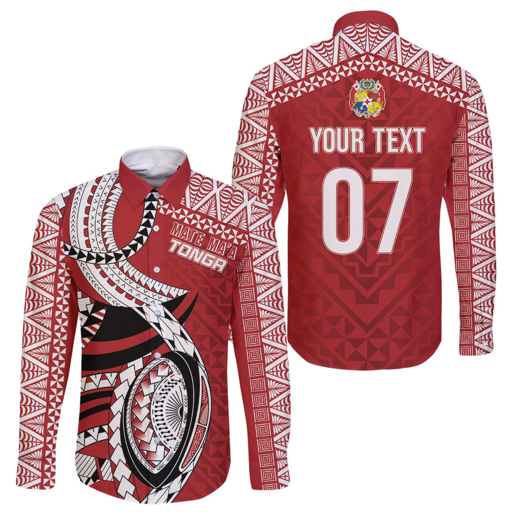 Mate Ma'a Tonga Rugby Custom Kupesi Motifs Family Matching Short Sleeve Bodycon Dress and Hawaiian Shirt Red Waves LT7 Dad's Shirt - Long Sleeve Red - Polynesian Pride