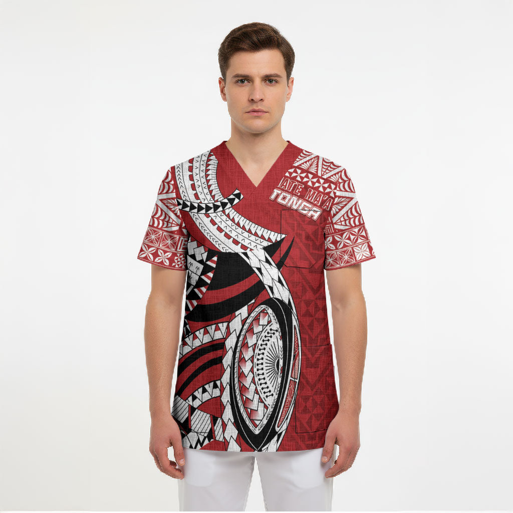 Mate Ma'a Tonga Rugby Custom Kupesi Motifs Scrub Top Red Waves LT7 - Polynesian Pride