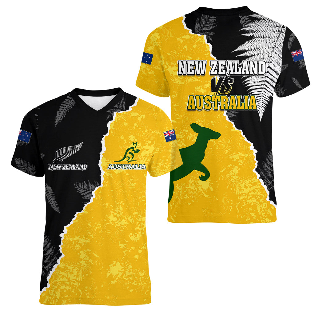 Australia Rugby Mix New Zealands Rugby Women V Neck T Shirt Wallabies Versus Silver Fern Sporty Basic LT7 - Polynesian Pride