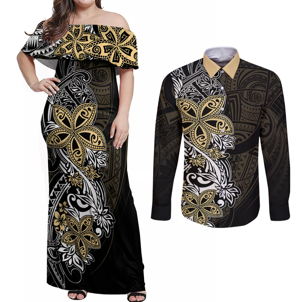 Polynesian Pride Couples Matching Off Shoulder Maxi Dress and Long Sleeve Button Shirts Tiare With Plumeria Mix Style LT7 Cream - Polynesian Pride