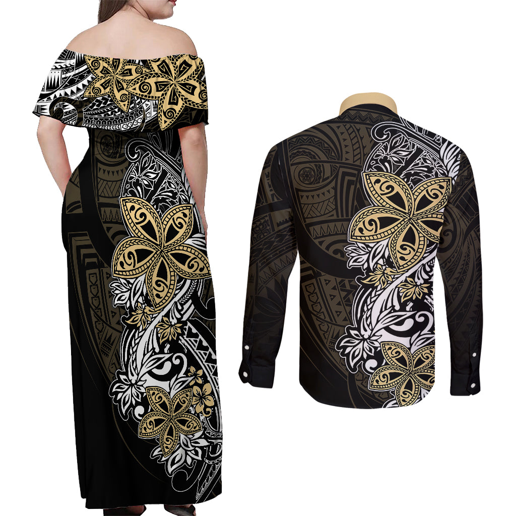 Polynesian Pride Couples Matching Off Shoulder Maxi Dress and Long Sleeve Button Shirts Tiare With Plumeria Mix Style LT7 - Polynesian Pride