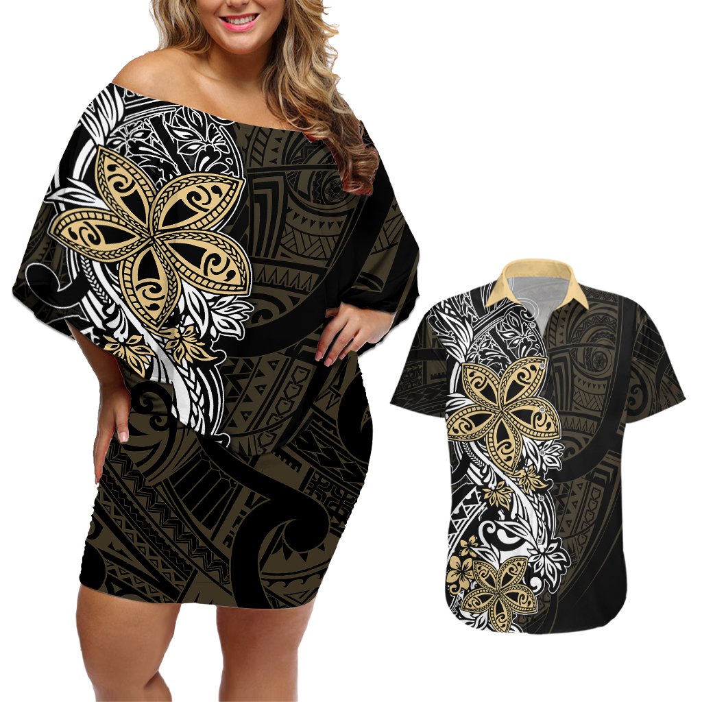 Polynesian Pride Couples Matching Off Shoulder Short Dress and Hawaiian Shirt Tiare With Plumeria Mix Style LT7 Cream - Polynesian Pride