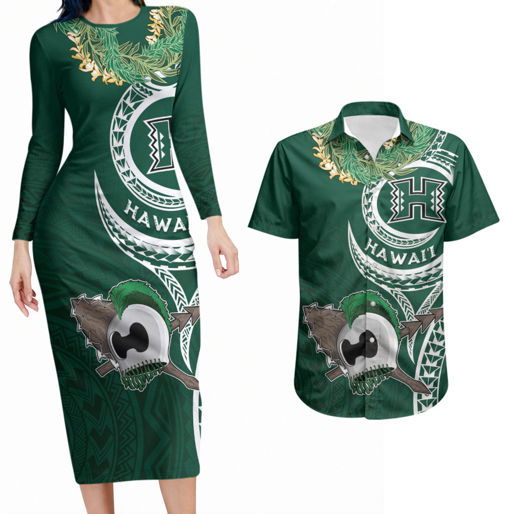 Hawaii Rainbow Warriors Alumni Personalized Couples Matching Long Sleeve Bodycon Dress and Hawaiian Shirt Ti Maile Lei - Glory For The Warriors