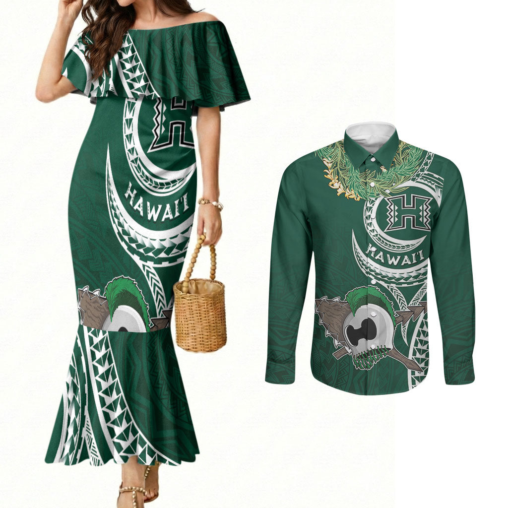 Hawaii Rainbow Warriors Alumni Personalized Couples Matching Mermaid Dress and Long Sleeve Button Shirt Ti Maile Lei - Glory For The Warriors