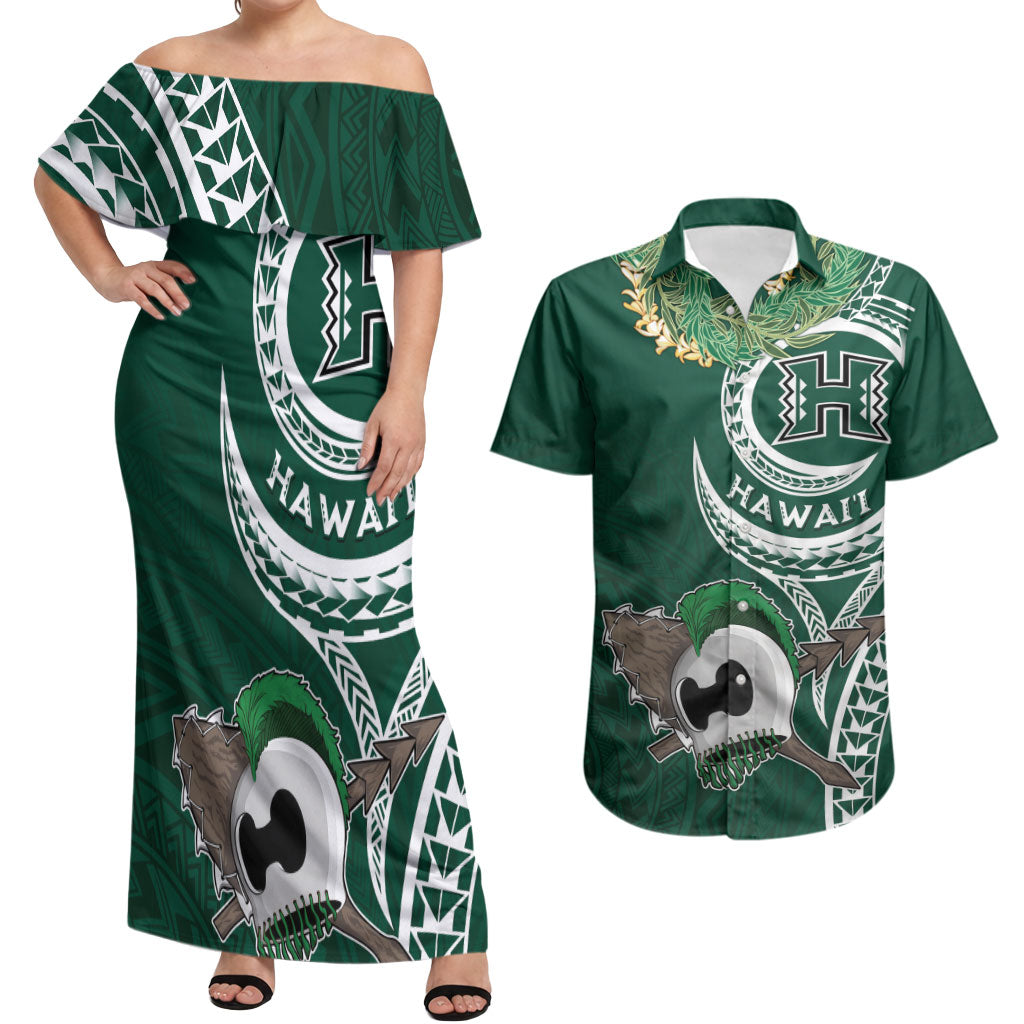Hawaii Rainbow Warriors Alumni Personalized Couples Matching Off Shoulder Maxi Dress and Hawaiian Shirt Ti Maile Lei - Glory For The Warriors