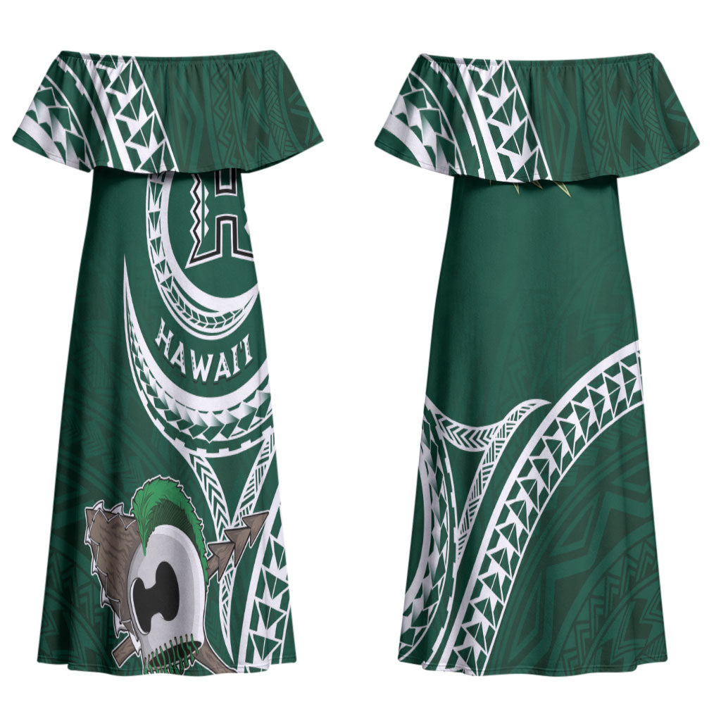 Hawaii Rainbow Warriors Alumni Personalized Couples Matching Off Shoulder Maxi Dress and Hawaiian Shirt Ti Maile Lei - Glory For The Warriors