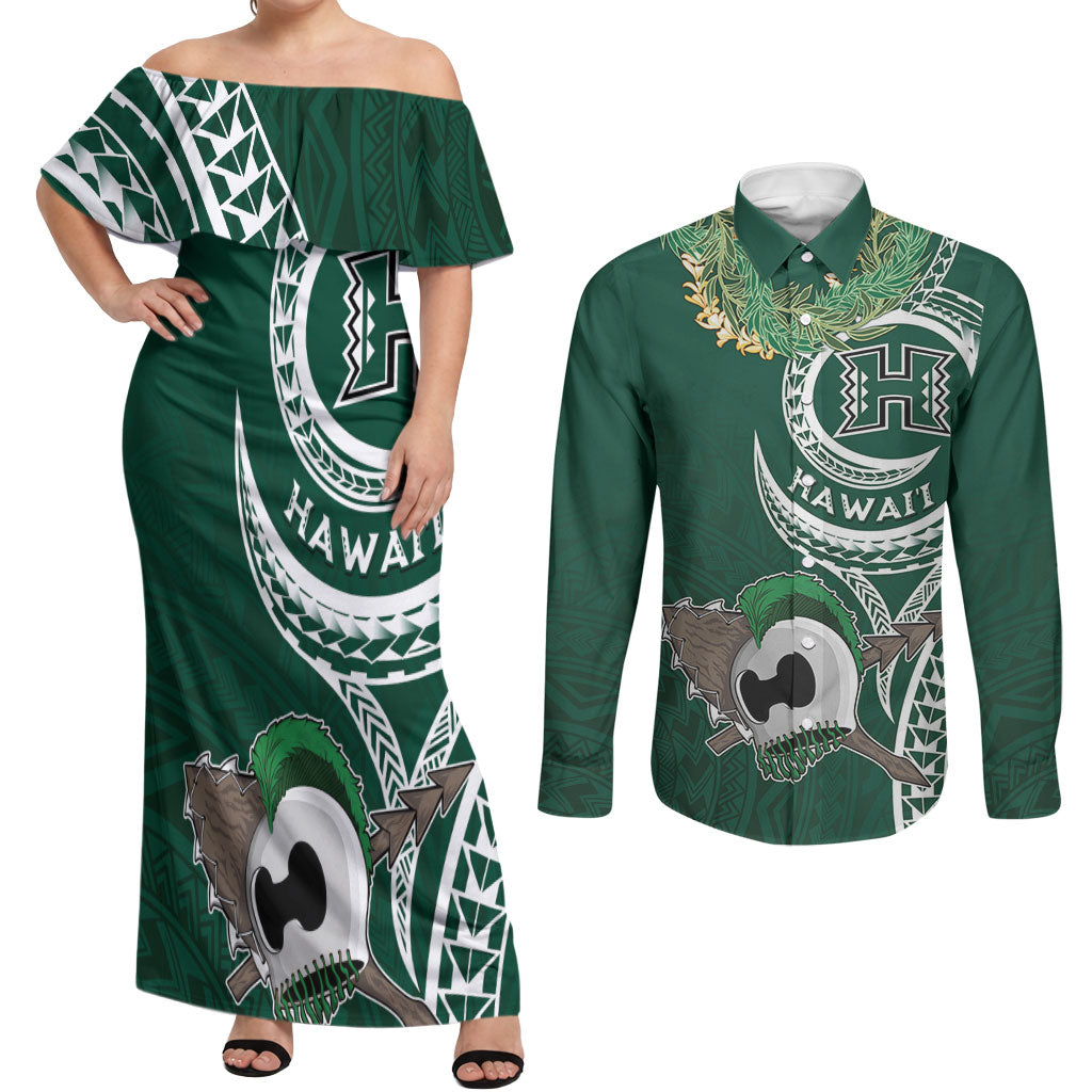 Hawaii Rainbow Warriors Alumni Personalized Couples Matching Off Shoulder Maxi Dress and Long Sleeve Button Shirt Ti Maile Lei - Glory For The Warriors