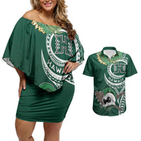 Hawaii Rainbow Warriors Alumni Personalized Couples Matching Off Shoulder Short Dress and Hawaiian Shirt Ti Maile Lei - Glory For The Warriors