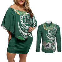 Hawaii Rainbow Warriors Alumni Personalized Couples Matching Off Shoulder Short Dress and Long Sleeve Button Shirt Ti Maile Lei - Glory For The Warriors