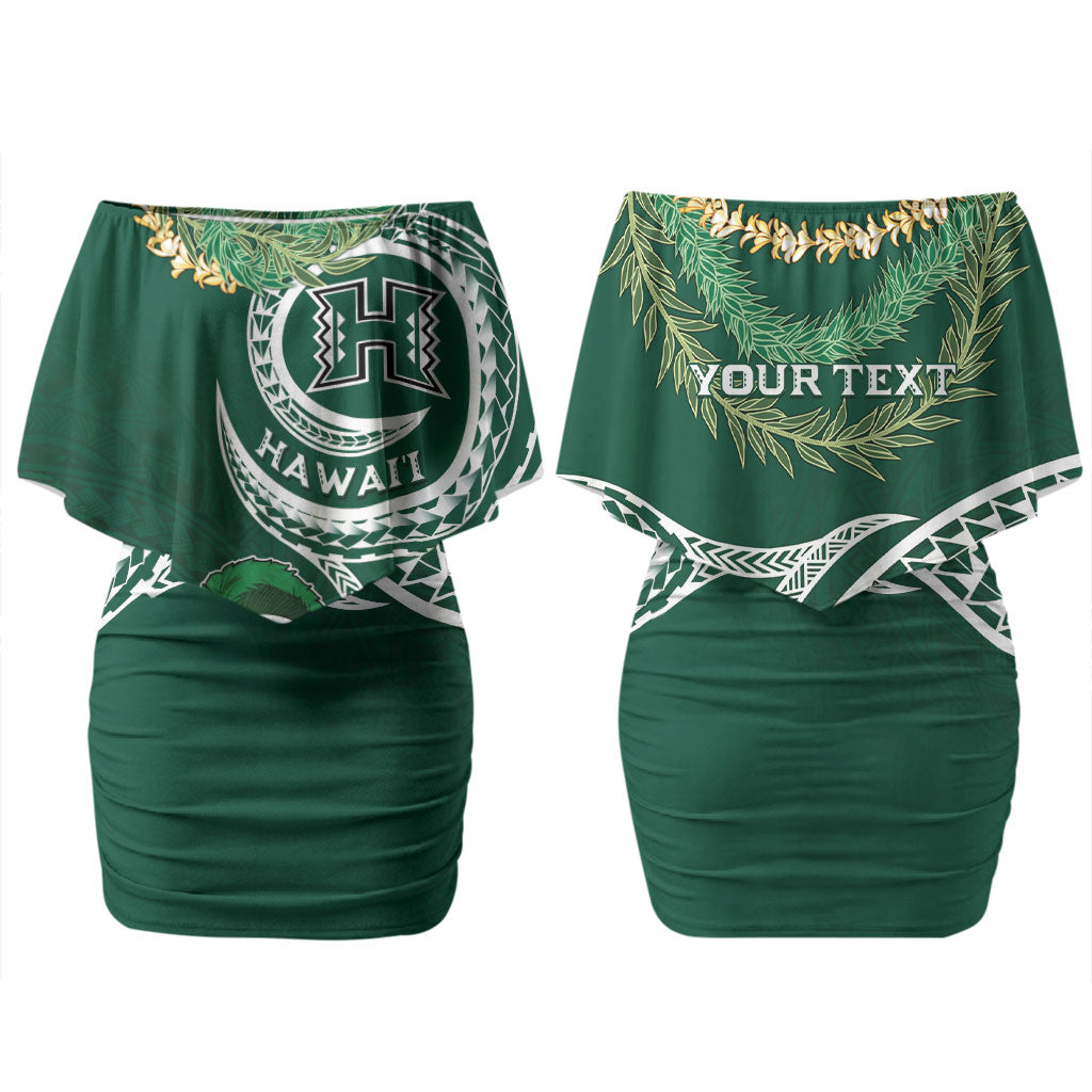 Hawaii Rainbow Warriors Alumni Personalized Couples Matching Off Shoulder Short Dress and Long Sleeve Button Shirt Ti Maile Lei - Glory For The Warriors