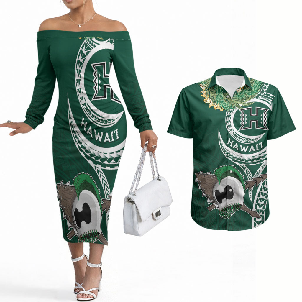 Hawaii Rainbow Warriors Alumni Personalized Couples Matching Off The Shoulder Long Sleeve Dress and Hawaiian Shirt Ti Maile Lei - Glory For The Warriors