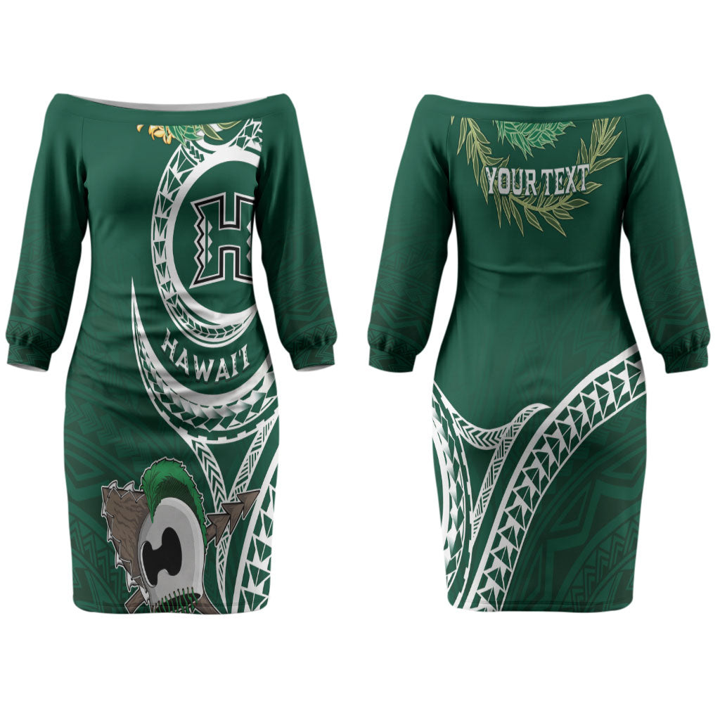 Hawaii Rainbow Warriors Alumni Personalized Couples Matching Off The Shoulder Long Sleeve Dress and Long Sleeve Button Shirt Ti Maile Lei - Glory For The Warriors