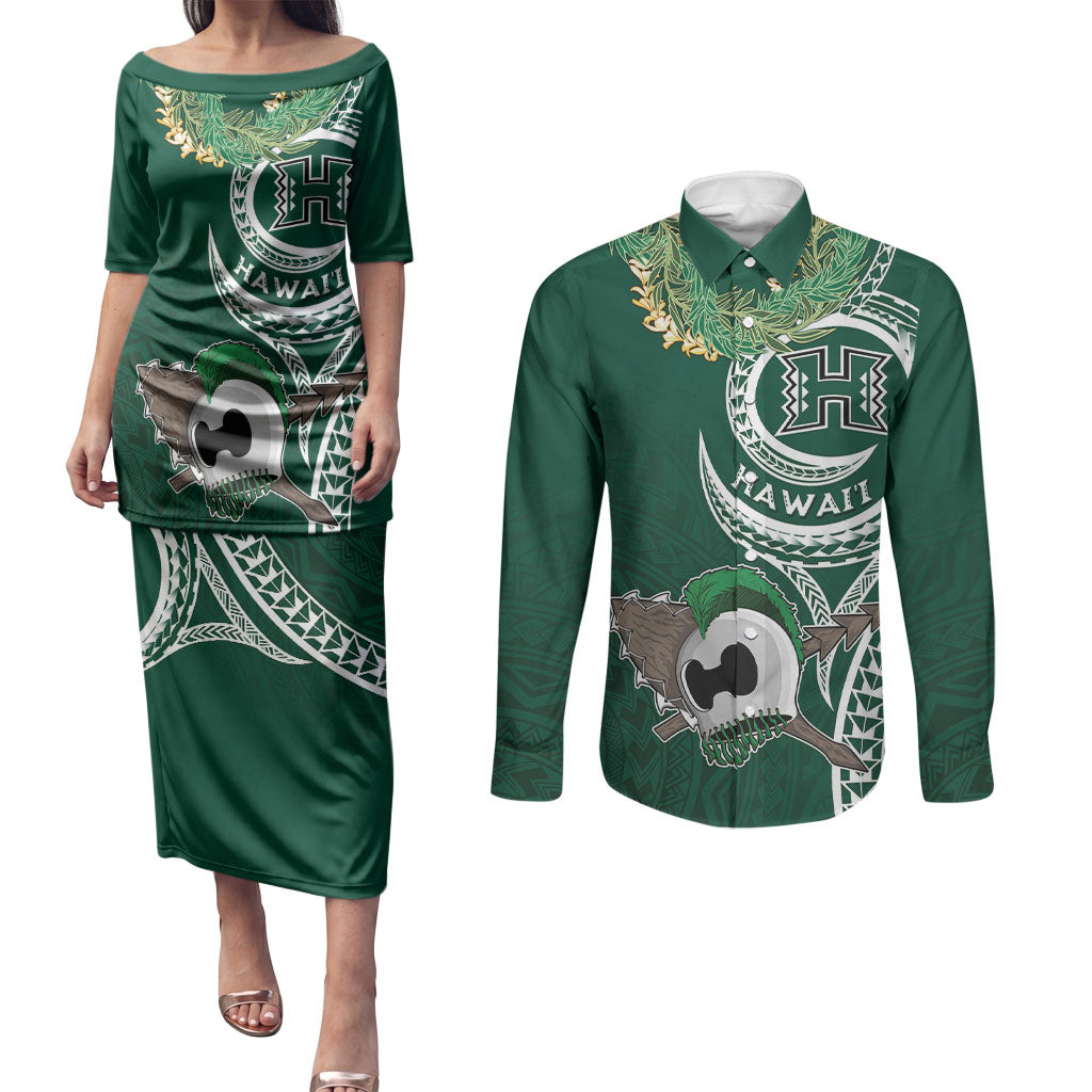 Hawaii Rainbow Warriors Alumni Personalized Couples Matching Puletasi and Long Sleeve Button Shirt Ti Maile Lei - Glory For The Warriors
