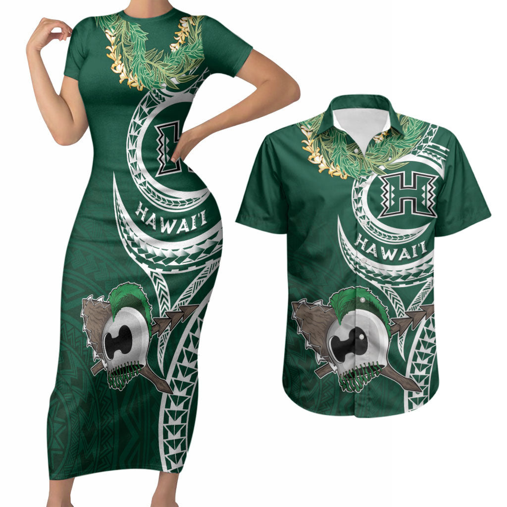 Hawaii Rainbow Warriors Alumni Personalized Couples Matching Short Sleeve Bodycon Dress and Hawaiian Shirt Ti Maile Lei - Glory For The Warriors