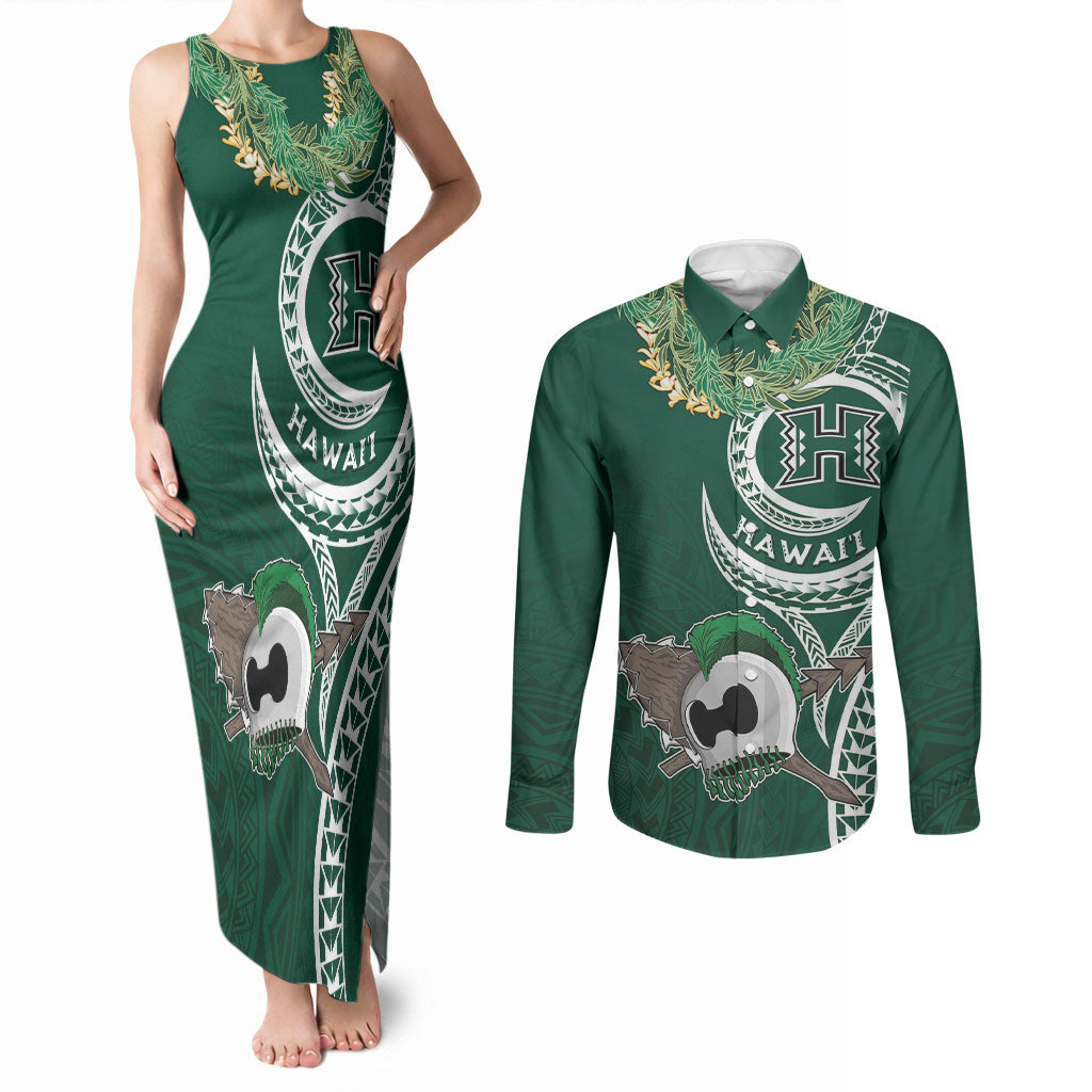 Hawaii Rainbow Warriors Alumni Personalized Couples Matching Tank Maxi Dress and Long Sleeve Button Shirt Ti Maile Lei - Glory For The Warriors