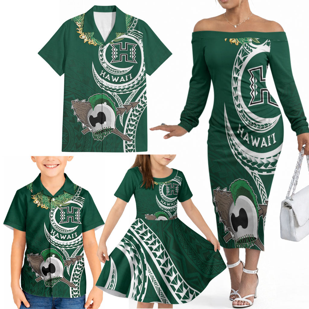 Hawaii Rainbow Warriors Alumni Personalized Family Matching Off The Shoulder Long Sleeve Dress and Hawaiian Shirt Ti Maile Lei - Glory For The Warriors