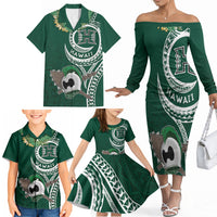 Hawaii Rainbow Warriors Alumni Personalized Family Matching Off The Shoulder Long Sleeve Dress and Hawaiian Shirt Ti Maile Lei - Glory For The Warriors