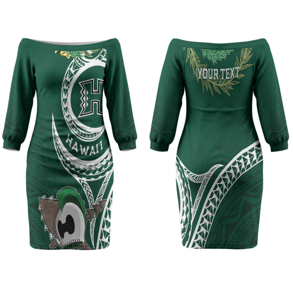 Hawaii Rainbow Warriors Alumni Personalized Family Matching Off The Shoulder Long Sleeve Dress and Hawaiian Shirt Ti Maile Lei - Glory For The Warriors