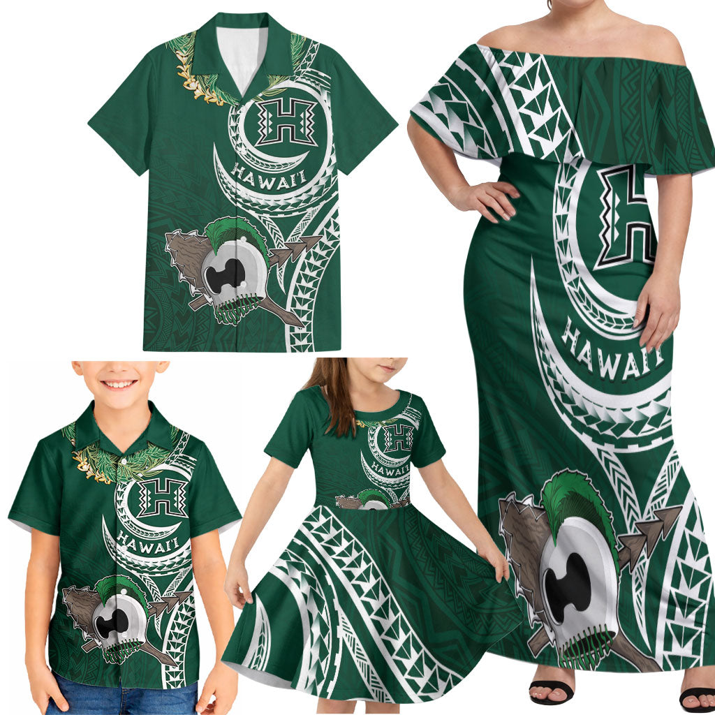 Hawaii Rainbow Warriors Alumni Personalized Family Matching Off Shoulder Maxi Dress and Hawaiian Shirt Ti Maile Lei - Glory For The Warriors