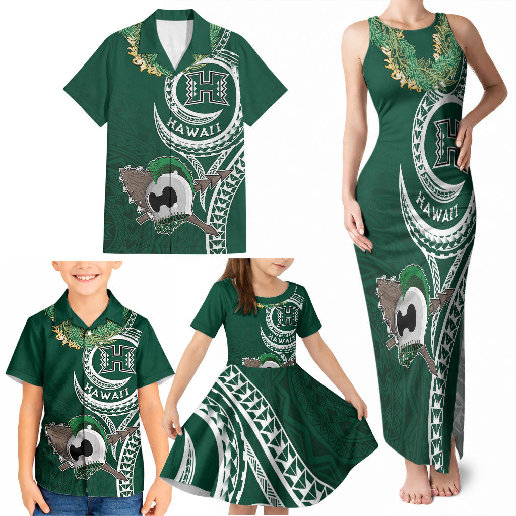Hawaii Rainbow Warriors Alumni Personalized Family Matching Tank Maxi Dress and Hawaiian Shirt Ti Maile Lei - Glory For The Warriors