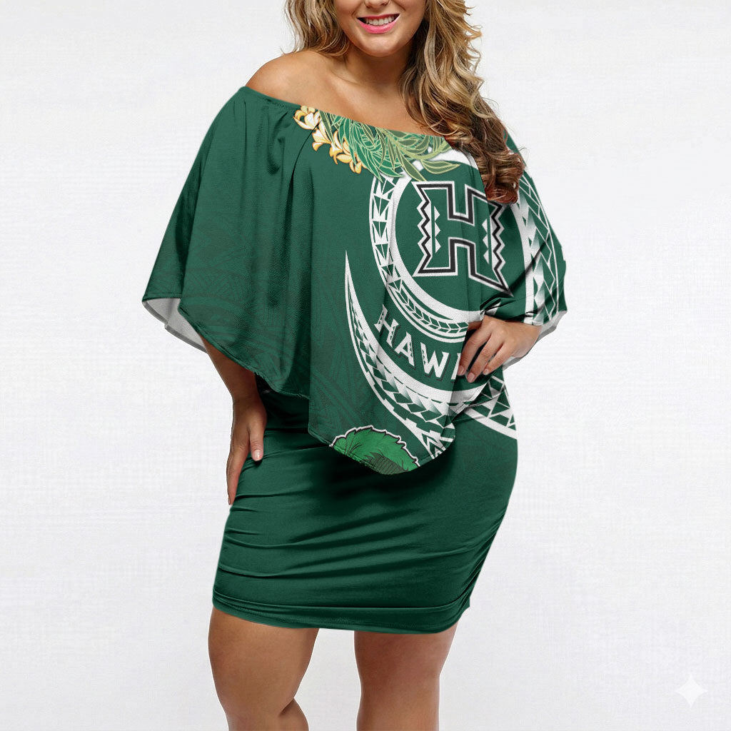 Hawaii Rainbow Warriors Alumni Personalized Off Shoulder Short Dress Ti Maile Lei - Glory For The Warriors