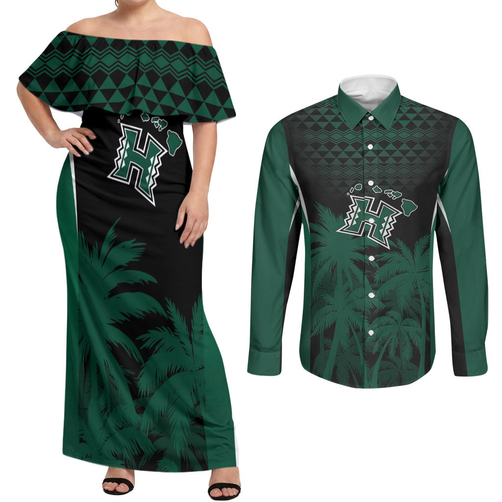 Hawaii Rainbow Warriors La'au Pama Personalized Couples Matching Off Shoulder Maxi Dress and Long Sleeve Button Shirt