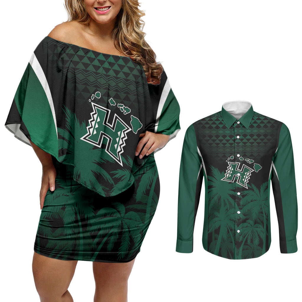 Hawaii Rainbow Warriors La'au Pama Personalized Couples Matching Off Shoulder Short Dress and Long Sleeve Button Shirt