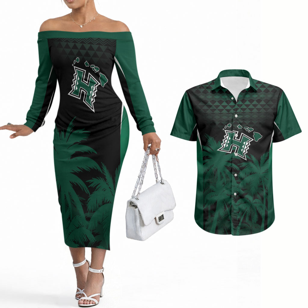 Hawaii Rainbow Warriors La'au Pama Personalized Couples Matching Off The Shoulder Long Sleeve Dress and Hawaiian Shirt